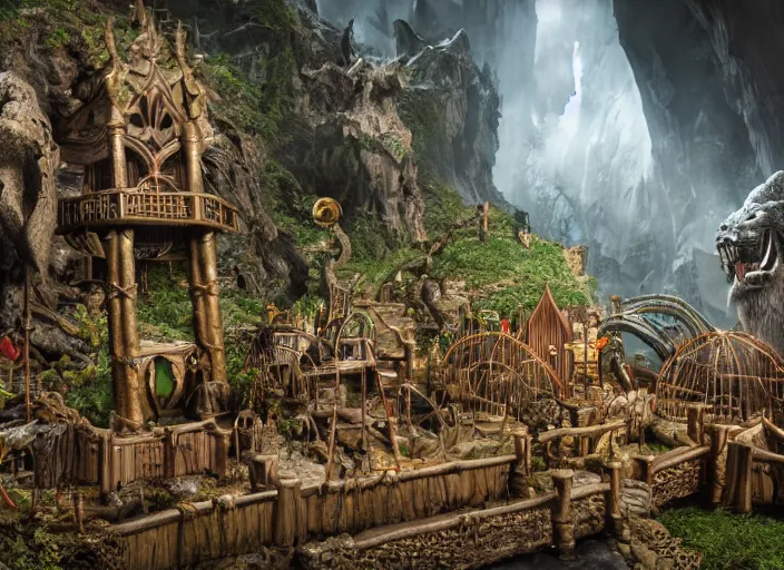 Image similar to detailed octane render of a diorama of moria as kids adventure playground, balrog, gandalf, skyrim, detailed, by joop geesink, wes anderson, jim henson, brian froud, breathtaking, 8 k resolution, beautiful lighting, studio light, extremely detailed, establishing shot, realistic materials, hyperrealistic