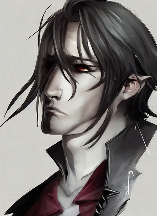 Image similar to detailed beautiful cool male character art depicting a vampire monster, concept art, depth of field, on amino, by sakimichan patreon, wlop, weibo, bcy. net, newgrounds high quality art on artstation.