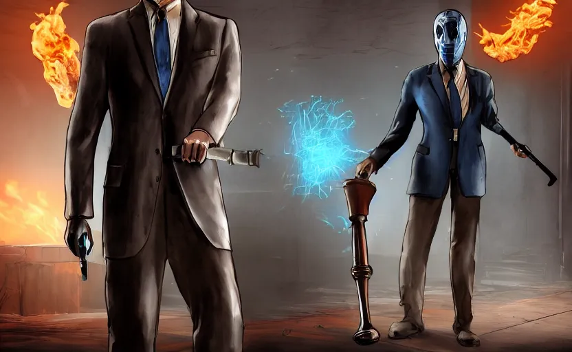 Prompt: cinematic view of a dead by daylight killer lawyer wearing a blue business suit with a gavel weapon, character portrait, digital art