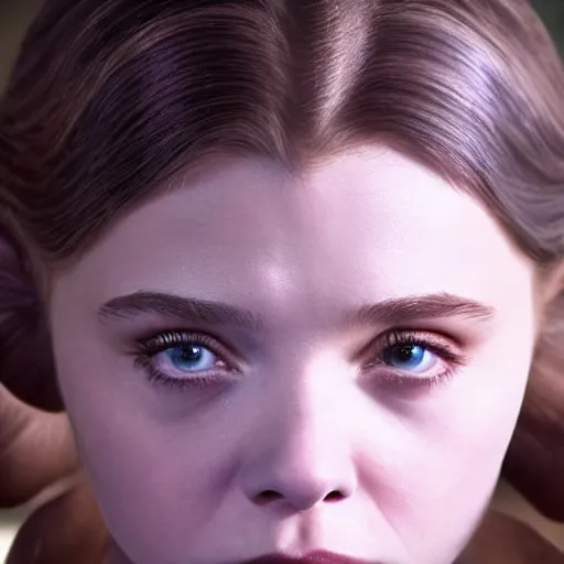 Image similar to Adult Chloe Moretz as Princess Leia, movie scene, skin pores, XF IQ4, 50mm, F1.4, studio lighting, professional, Look at all that detail!, Dolby Vision, UHD