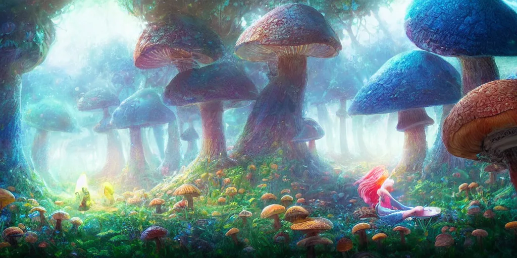 Prompt: ”young girl sitting by a mushroom and playing a flute, giant mushroom houses in a mysterious fantasy forest, [bioluminescense, rope bridges, art by wlop and paul lehr, cinematic, colorful]”