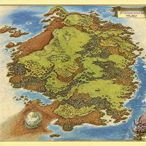 Image similar to an isometric fantasy map, the land of Odrua, uncluttered, bordered by ocean, continent with mountains lakes hills and cities, by brian froud by jrr tolkien