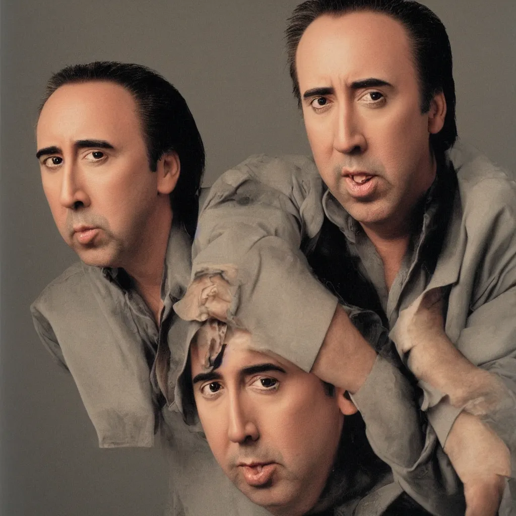 Prompt: nicolas nick cage headshot 1 9 9 9 photograph straight on color