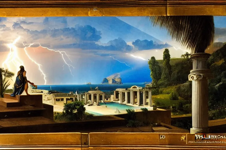 Image similar to mediterranean balustrade and columns, refracted lightnings on the ocean, thunderstorm, sun rays, greek pool, beach and Tropical vegetation on the background major arcana sky and occult symbols, by paul delaroche, hyperrealistic 4k uhd, award-winning, very detailed paradise