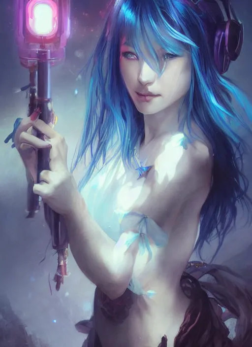 Image similar to stunningly beautiful female blue hair, dj sura face, fantasy art, dark light night, sharp focus, digital painting, 8 k, concept art, art by wlop, artgerm, greg rutkowski and alphonse mucha