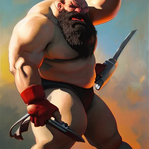 Prompt: greg manchess portrait painting of partially armored zangief from street fighter spitting fire as overwatch character, medium shot, asymmetrical, profile picture, organic painting, sunny day, matte painting, bold shapes, hard edges, street art, trending on artstation, by huang guangjian and gil elvgren and gerald brom