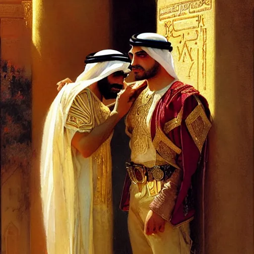 Image similar to attractive arab king confesses his love for his attractive male prince. highly detailed painting by gaston bussiere, craig mullins, j. c. leyendecker