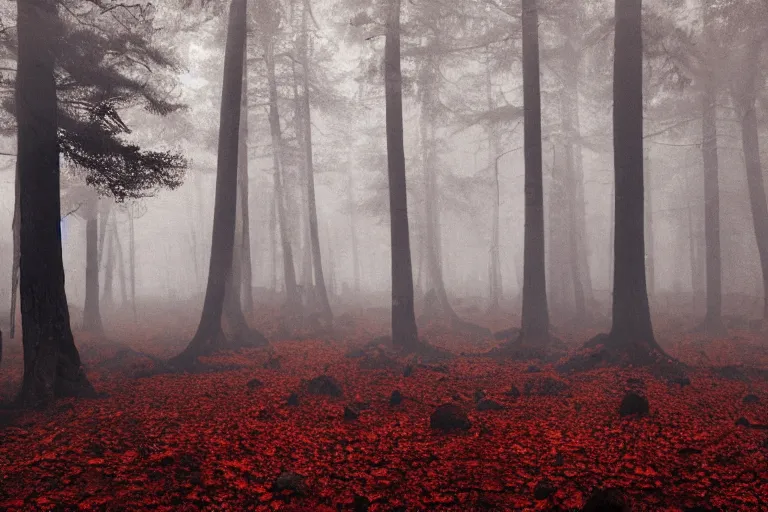 Prompt: deep dark moody forest, red fog on the ground, bleak. big stones, dark mood. mysterious. doom. realistic painting. photobashing, matte painting, highly detailed, autumn, cinematic, hyperralistic, artstation, dramatic lighting, god rays, clean crisp graphics, smooth sharp focus, extremely detailed, ukiyo - e, impressionism