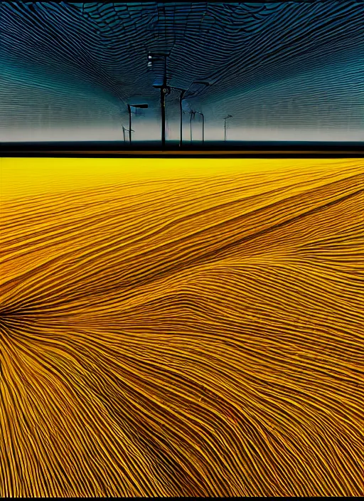 Prompt: hyper detailed 3d render like a Oil painting - the endless plains, light and shadow, yellow wheat fields and electric poles, by Jacek Yerka, Mariusz Lewandowski, Houdini algorithmic generative render, Abstract brush strokes, Masterpiece, Edward Hopper and James Gilleard, Zdzislaw Beksinski, Mark Ryden, Wolfgang Lettl, hints of Yayoi Kasuma, octane render, 8k