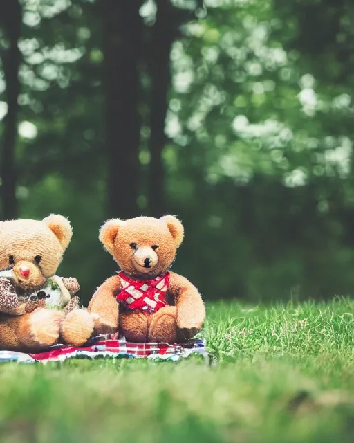 Image similar to high quality presentation photo of teddy bears having a picnic, photography 4k, f1.8 anamorphic, bokeh, 4k, Canon, Nikon