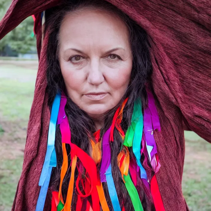 Prompt: a closeup portrait of a woman wearing a cloak made of ribbons, staring at an empty swing playground, claymation,