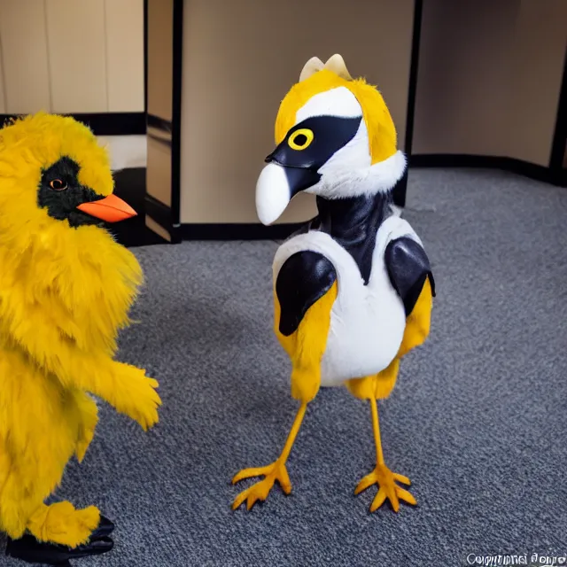 Image similar to a person wearing a fursuit of a yellow - bill magpie fursona, fursona, furry convention, hotel lobby, indoors, photograph, furry fandom, photorealistic,