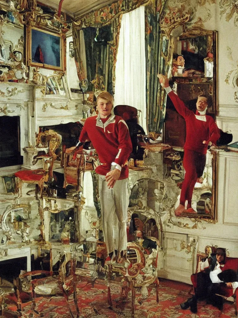 Image similar to olympic russian athlete young man posing in his living room, his grandparents are sitting on the coach behind him, by Konstantin Somov, 1987.