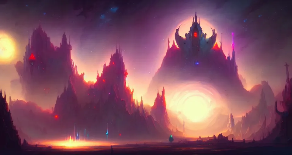 Image similar to space castle by peter mohrbacher, vivid colors, matte painting, 8K, concept art, mystical color scheme, trending on artstation, unreal engine