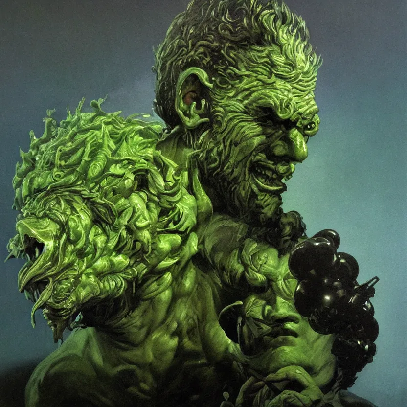 Prompt: a neoclassicist close - up portrait of a green man with hyperrealist dragon features. reflective alien technology. head and shoulders. foggy black background with dark puffy glowing clouds. highly detailed science fiction painting by norman rockwell, frank frazetta, syd mead and moebius. rich colors, high contrast, gloomy atmosphere, dark background. trending on artstation.