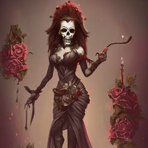 Prompt: a beautiful feminine necromancer raising the dead, illustration, skulls, character design by nixeu by artstation, 2 d cg