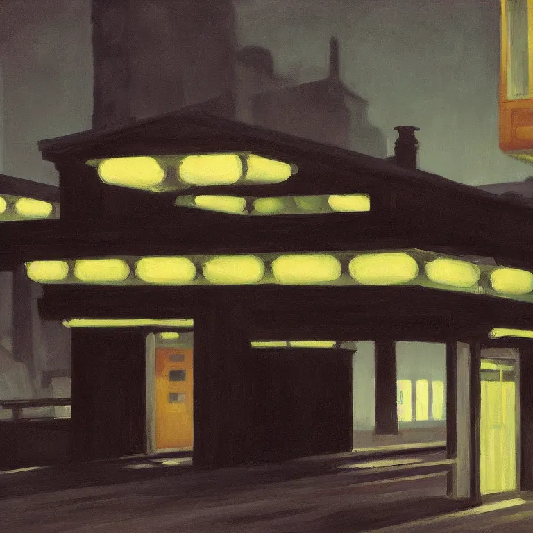 Prompt: dark city raised train platform, painted by Edward Hopper and James Gilleard, oil painting