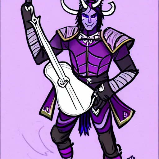 Image similar to a purple tiefling bard with long white horns wearing light armor and carrying a guitar as drawn by the sketch goblin and thesketchgoblin