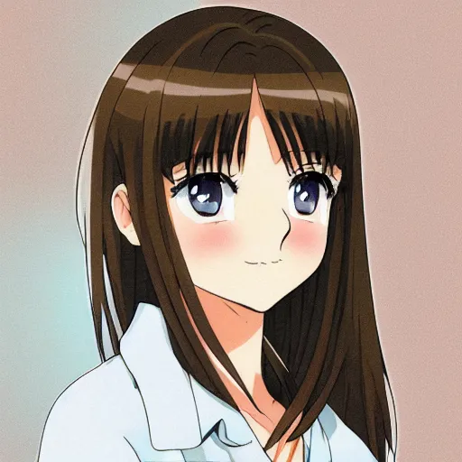 Prompt: A medium shot anime portrait of a happy light brown-haired brunette anime woman with blue eyes and thick eyebrows, a single short ponytail, parted light brown hair, bare forehead, blue-eyed, bright blue eyes, big bold thick eyebrows, thick jawline, uniform teeth, big lips, round face, big round nose, closed lips, wearing a t-shirt, solid blue background, by Stanley Artgerm Lau, WLOP, Rossdraws, James Jean, Andrei Riabovitchev, Marc Simonetti, and Sakimi chan, trending on artstation