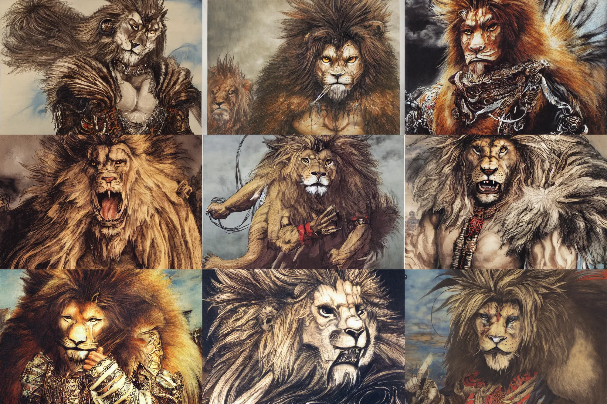 Prompt: 8k Yoshitaka Amano painting of upper body of a young cool looking lion beast-man at a medieval market at windy day. Depth of field. White hair, He is wearing complex tribal clothing. He has huge paws. Renaissance style lighting.