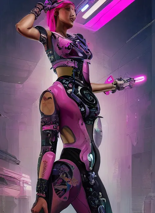 Image similar to beautiful cyberpunk female athlete in pink jumpsuit. lady with blades in arms. ad for cybernetic blade arms. cyberpunk poster by james gurney, azamat khairov, and alphonso mucha. artstationhq. gorgeous face. painting with vivid color, cell shading. ( rb 6 s, cyberpunk 2 0 7 7 )