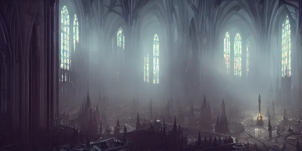 Image similar to inside diamond, by Greg Rutkowski, concept art, fantasy, gothic cathedral, light through the mist, dramatic lighting, photorealistic, cinematic lighting, high detail, cinematic feel, high octane, 4K, Unreal Engine, digital render, intricate, ultra realistic, crepuscular ray, low angle, superwide shot, lunapunk