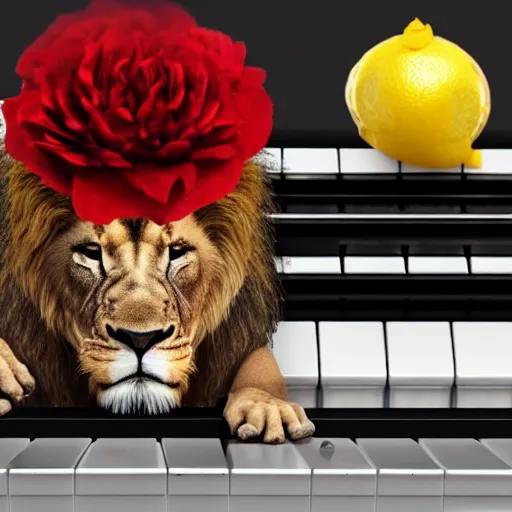 Prompt: a realistic looking lion wearing glases and holding a piano keyboard, surrounded by lemons and a red flower, dark grey background, studio lights, unreal engine render,