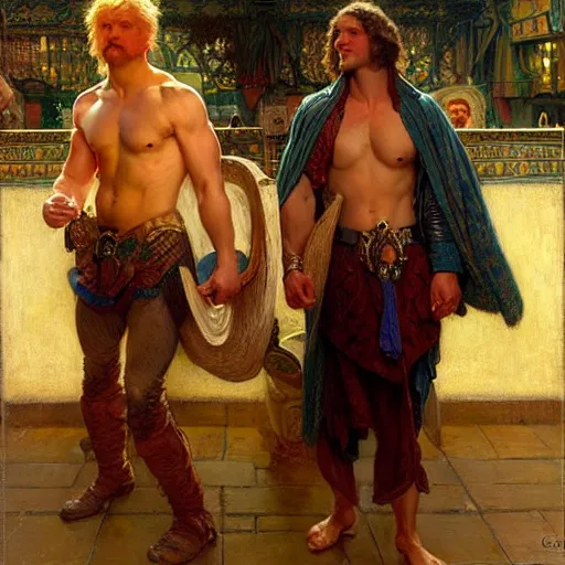 Image similar to attractive muscular arthur pendragon and muscular attractive merlin go to a pub together to have some drinks. highly detailed painting by gaston bussiere, craig mullins, j. c. leyendecker, alphonse mucha 8 k