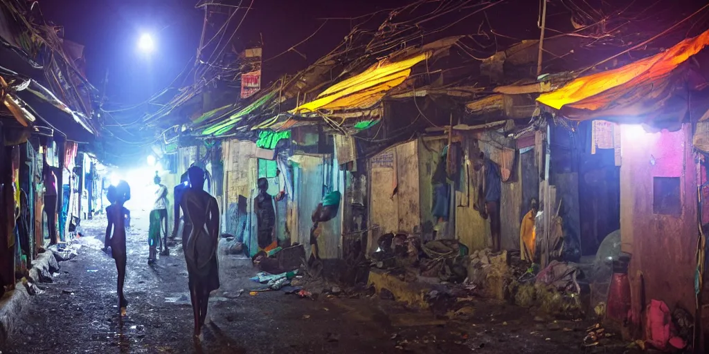 Image similar to UFO seen during night time in Ajegunle slums of lagos - beaming neon ray of light,