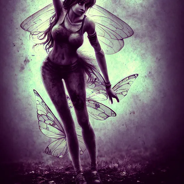 Image similar to full body pose, beautiful adult fairy, dirty, grungy, grunge, highly detailed, 4 k, hdr, smooth, sharp focus, high resolution, award - winning photo, artgerm, photorealistic