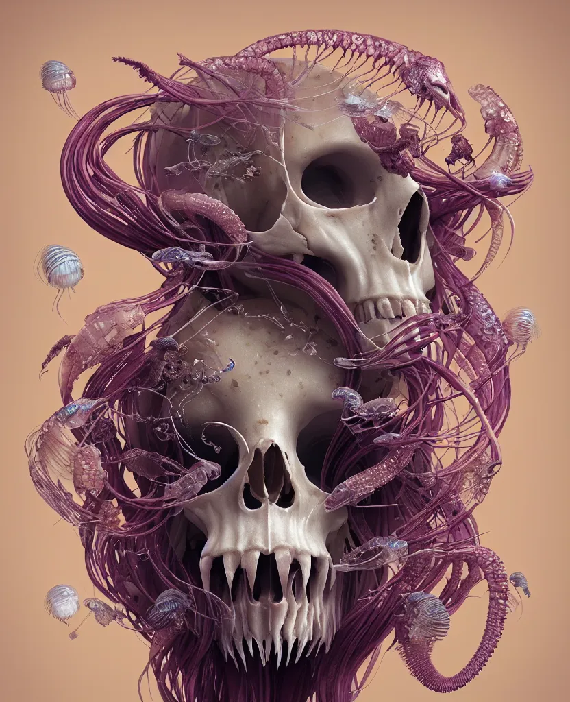 Image similar to goddess princess face close-up portrait ram skull. jellyfish phoenix head, nautilus, orchid, skull, betta fish, bioluminiscent creatures, intricate artwork by Tooth Wu and wlop and beeple. octane render, trending on artstation, greg rutkowski very coherent symmetrical artwork. cinematic, hyper realism, high detail, octane render, 8k