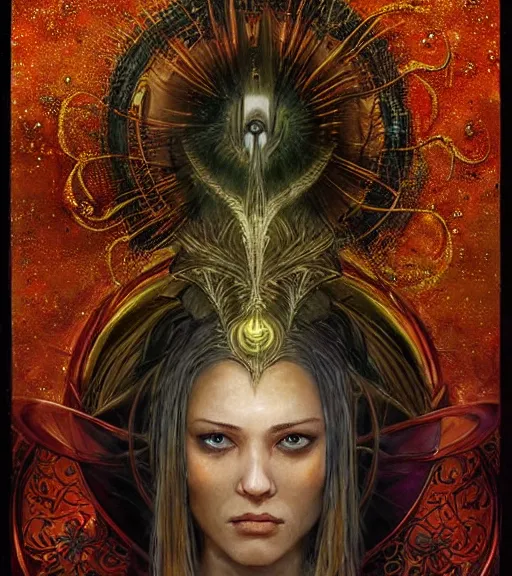 Prompt: I am the warrior Lord of the three worlds of existence, the manifest Lord of the glorious Lord’s manifestation. I am alive, and I am rejuvenated. Be strong,, and be prepared. Strive hard and become a chosen one. the seven stars are mine, portrait, overgrowth and dark flowers by karol bak, WLOP, James Jean! , tom bagshaw, rococo, trending on artstation, fantasy, elegant, highly detailed, digital painting, concept art, smooth, sharp focus, illustration, cinematic lighting, hyper realism, octane render, 8k, hyper detailed.