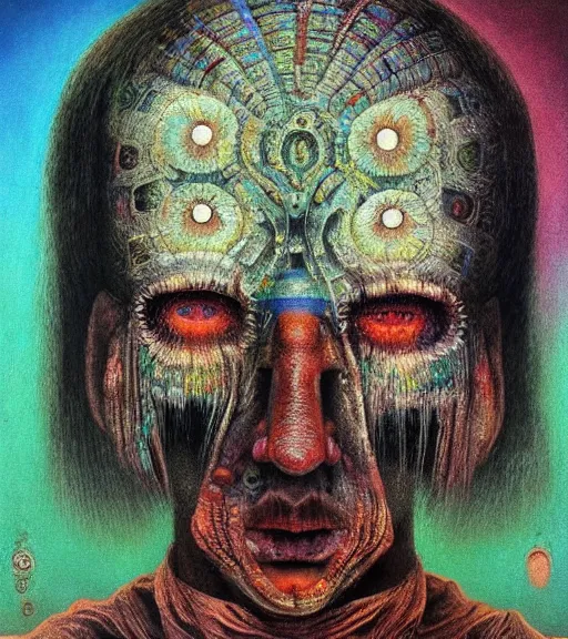 Image similar to Portrait painting in a style of Beksinski mixed with Alex Grey of an old shaman dressed in a colorful traditional clothes. Symmetry