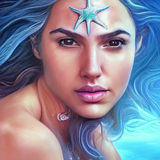 Prompt: “ gal gadot portrait, fantasy, mermaid, hyperrealistic, game character, underwater,, highly detailed, cinematic lighting, pearls, glowing hair, shells, gills, crown, water, highlights, starfish, goddess, jewelry, realistic, digital art, pastel, magic, fiction, ocean, queen, colorful hair, sparkly eyes, fish, heroic, waves, bubbles ”