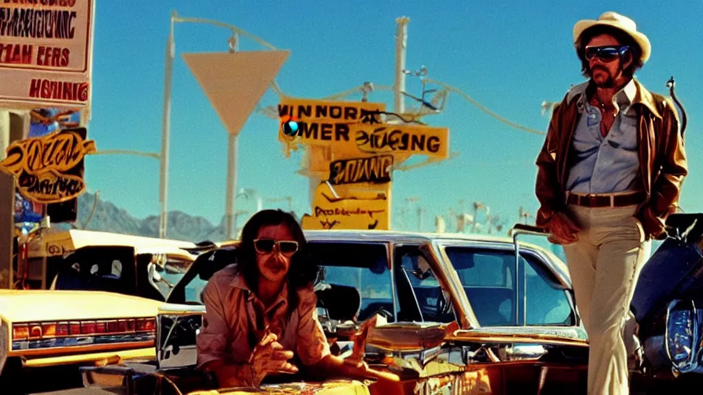 Image similar to fear and loathing in las vegas, 1 9 7 5, cinematic lighting, ultra realistic, panavision, wide screen, saturated color, seventies cinema, vintage science fiction cinema