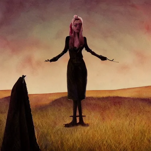 Prompt: Elle Fanning in the painted world of Courage the Cowardly dog and Dark Souls, head and shoulders masterpiece, apocalypse, golden hour, cosmic horror, artstation, in the style of Andrew Wyeth and Edward Hopper and Bosch, extremely detailed