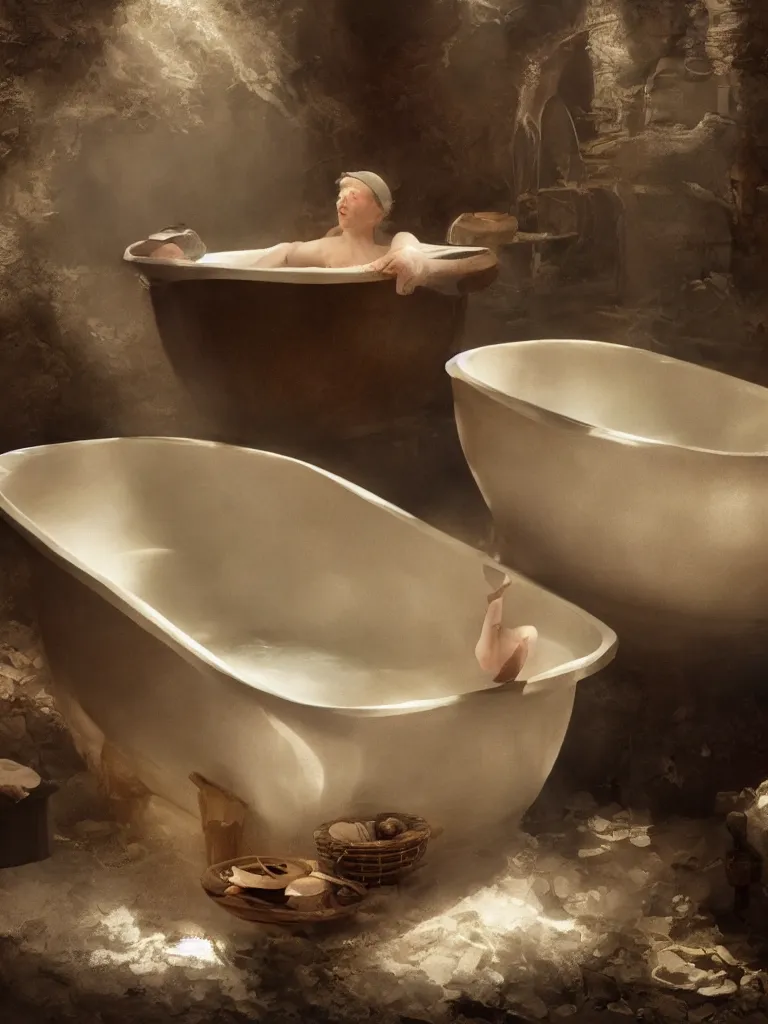 Image similar to steaming bath in a clubfoot bathtub by disney concept artists, blunt borders, rule of thirds, golden ratio, godly light