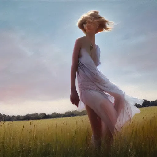 Image similar to a vogue model in a field, oil painting, pale colors, high detail, 8 k, wide angle, trending on artstation,