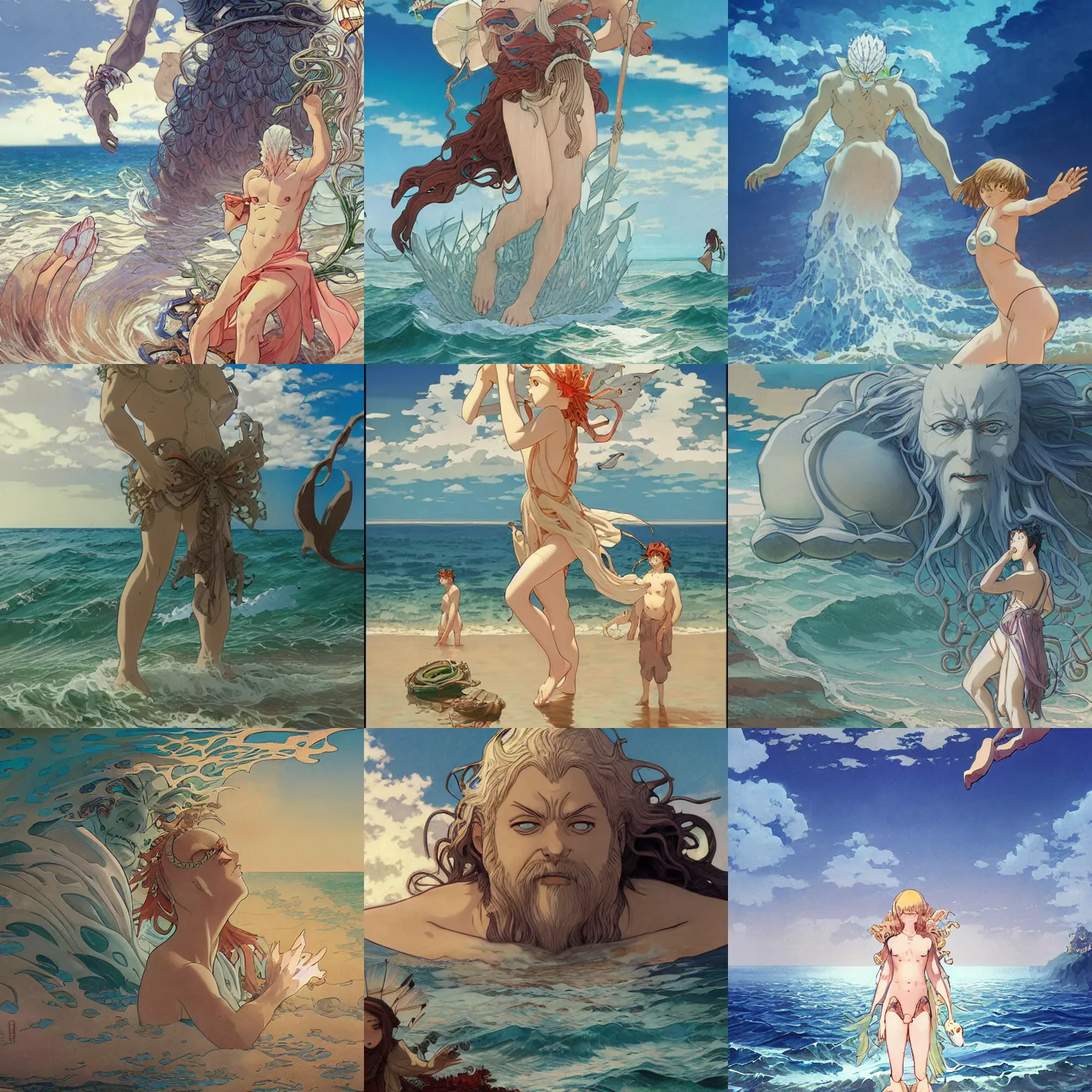 Prompt: Beachgoers fleeing in terror as an ancient sea god rises from the ocean, detailed, artstation, digital illustration, by Kyoto Animation and Studio Ghibli, by Range Murata and Alphonse Mucha