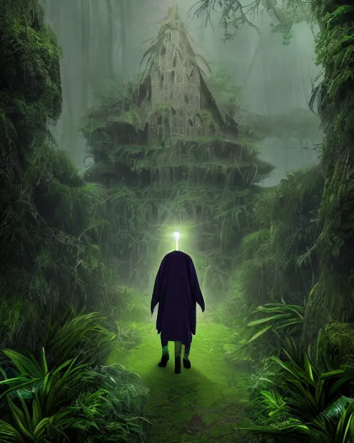 Prompt: a wise wizard walking towards an ominous ruin in a densely overgrown, eerie jungle, fantasy, stopped in time, dreamlike light incidence, ultra realistic