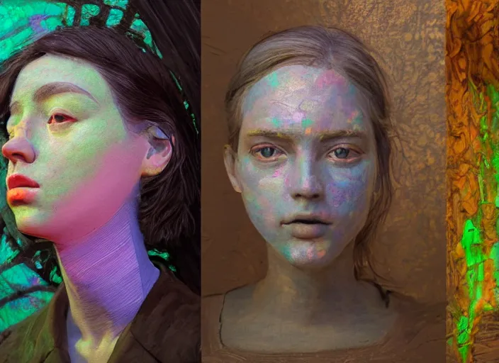 Prompt: people made of plastic and clay, neon advertisements, 3 d, exterior street, portrait face, dappled light, in the style of jeremy enecio, miles johnston, monet, cynical realism, yoshitaka amano, louise zhang, matt murphy, enes dirig, pekka halonen, finnish naturalism, realism