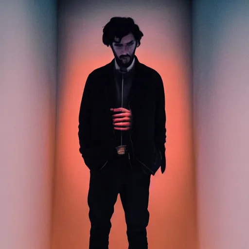 Prompt: a man with black hair and beard, wearing a black jacket, white shirt and jeans, standing in the middle of a dimly lit room, vivid colors, soft lighting, atmospheric, cinematic, moody, oil on canvas, 8 k