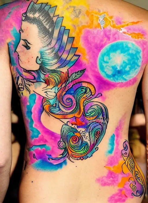 Image similar to a back tattoo inspired by lisa frank
