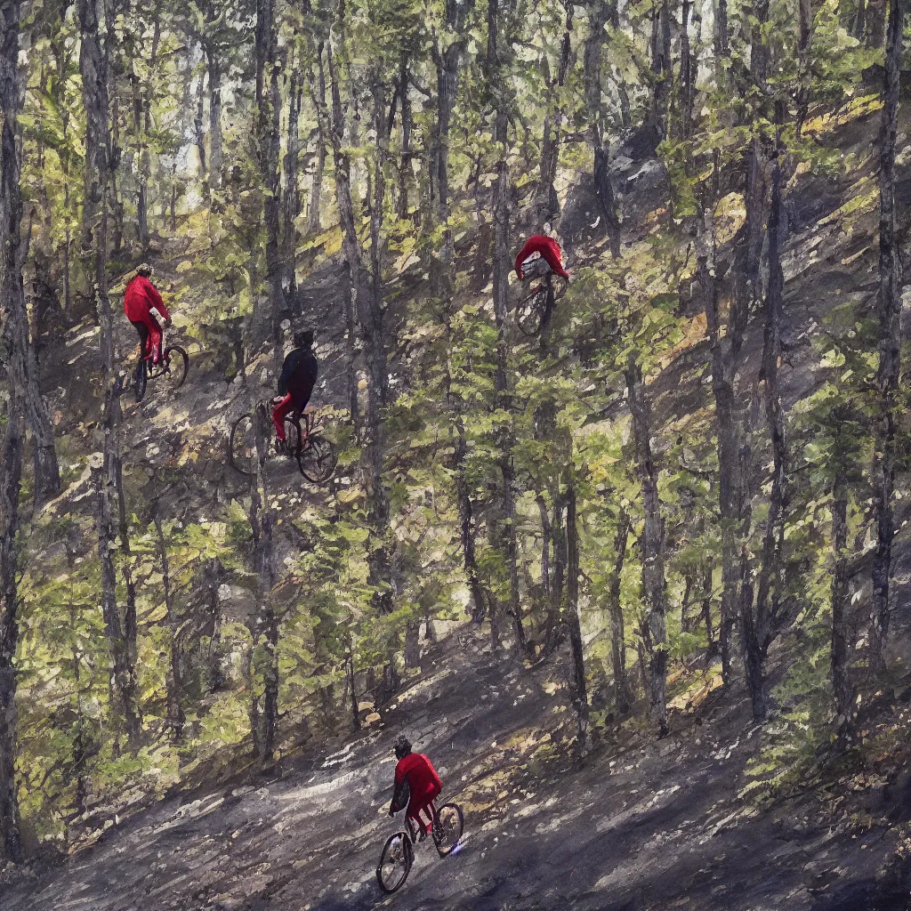 Image similar to Two men biking up a steep forest hill. One with a deep dark blue sweater and the other with a wine red sweater. sweaty. Oil painting. Emotional. Trending on artstation. Steep. Nordic Trees. Rustic. Artistic.