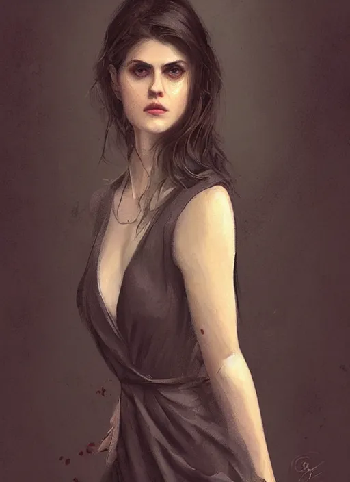 Prompt: a digital painting of Alexandra Daddario wearing a wrap dress, by netter, beautiful, gorgeous, long hair, style from greg rutkowski, beautiful eyes, full frame, oil painting, featured on artstation, concept art, smooth, sharp focus, illustration, very detailed, ambient lighting, unreal engine render, concept art by Atey Ghailan, by Loish, by Bryan Lee O'Malley