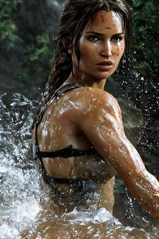 Image similar to a film still of lara croft, close up, muscular, drenched body, wet dripping hair, emerging from the water,