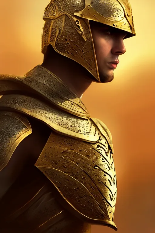 Prompt: portrait photo of the King of the Desert in battle, Sword, sand, handsome attractive face, Gold Armour suit, attractive young man, beautiful face, dramatic lighting, majestic, D&D, fantasy, elegant, intricate, highly detailed, digital painting, concept art, sharp focus, illustration, trending on artstation, art by artgerm and greg rutkowski and alphonse mucha