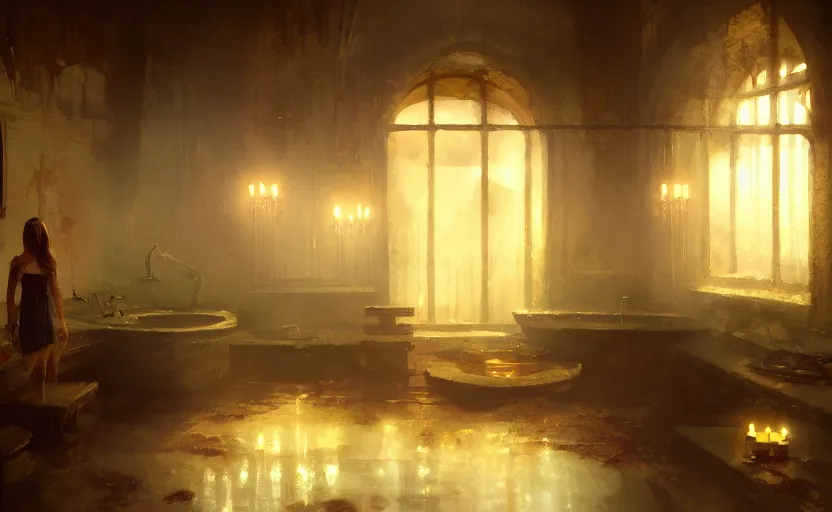 Image similar to painting of an interior of a bath house with candles, concept art, by greg rutkowski and craig mullins, cozy atmospheric and cinematic lighting, trending on artstation