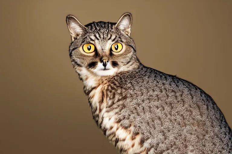 Image similar to a cat owl!!! hybrid! hyper realistic!! realistic lighting!! wildlife photographer of the year!!! bold natural colors, national geographic, hd, wide angle, 8 k