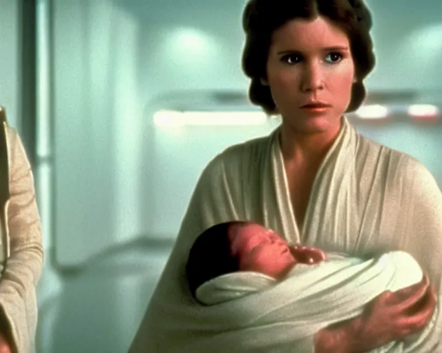 Image similar to screenshot of Han Solo standing next to Princess Leia Organa holding a new born baby in a swaddle, alone, pensive, iconic scene from 1980s Star Wars film directed by Ridley Scott, in a sci fi nursing home architecture, last jedi, 4k HD sharp, cinematic still frame, photoreal, detailed face, moody lighting, stunning cinematography, anamorphic lenses, kodak color film stock